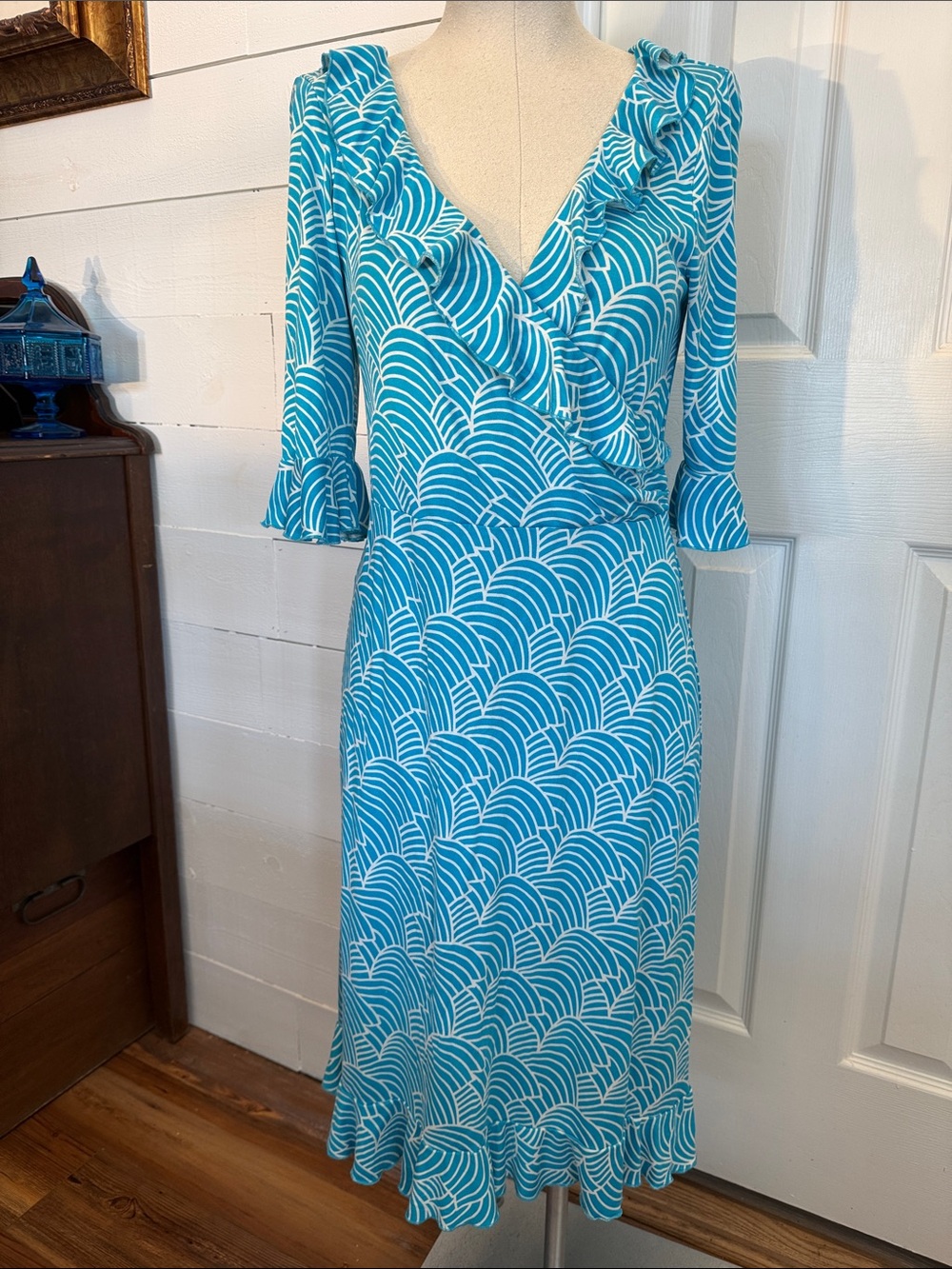 Diane Von Furstenberg Turquoise White 100% Silk Geometric Ruffle Midi Dress 10